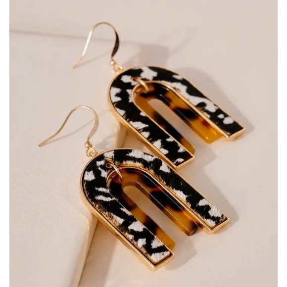 Black White Cow Print Brown Tortoise Arch Dangling Earrings - Picture 2 of 3